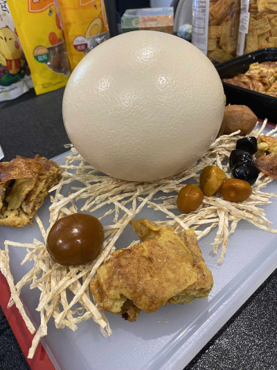 ostrich egg and preserved eggs of the charcuterie board