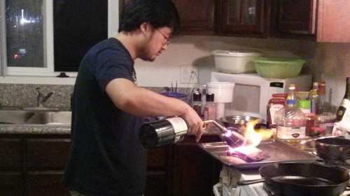 Blowtorching on the sous vide-ed steak with Searzall